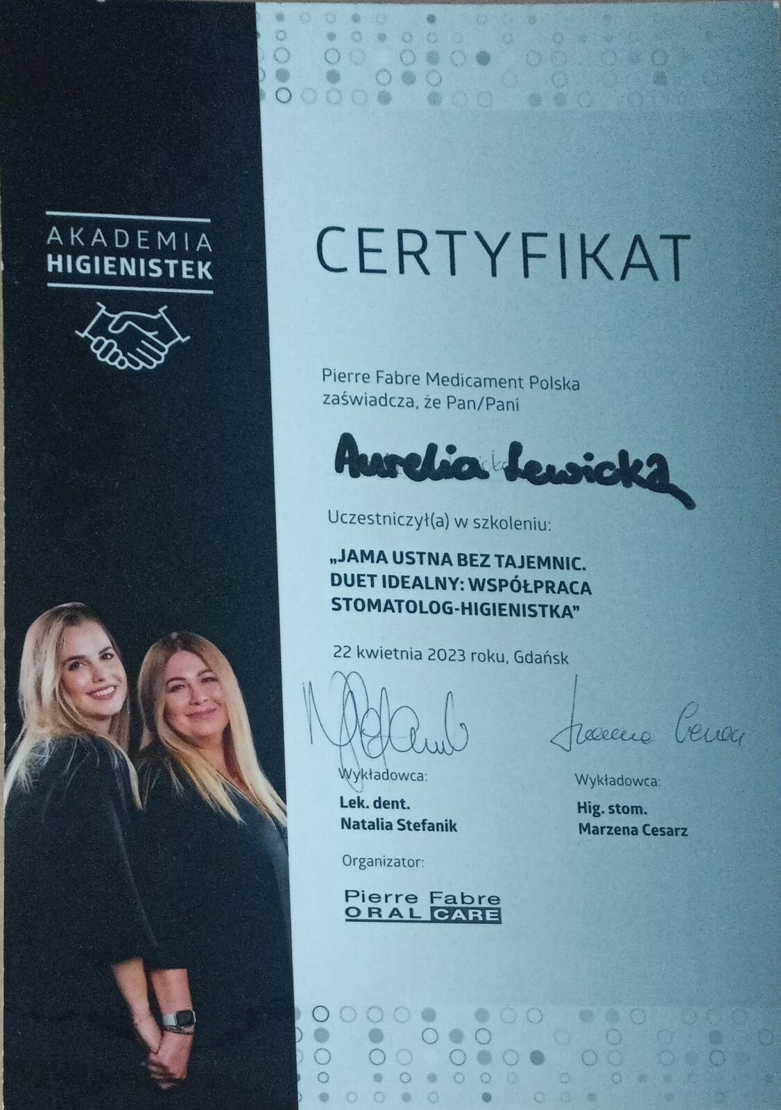 Dyplom Akademii Profesjonalnej Higienistki higienizacja Elbląg