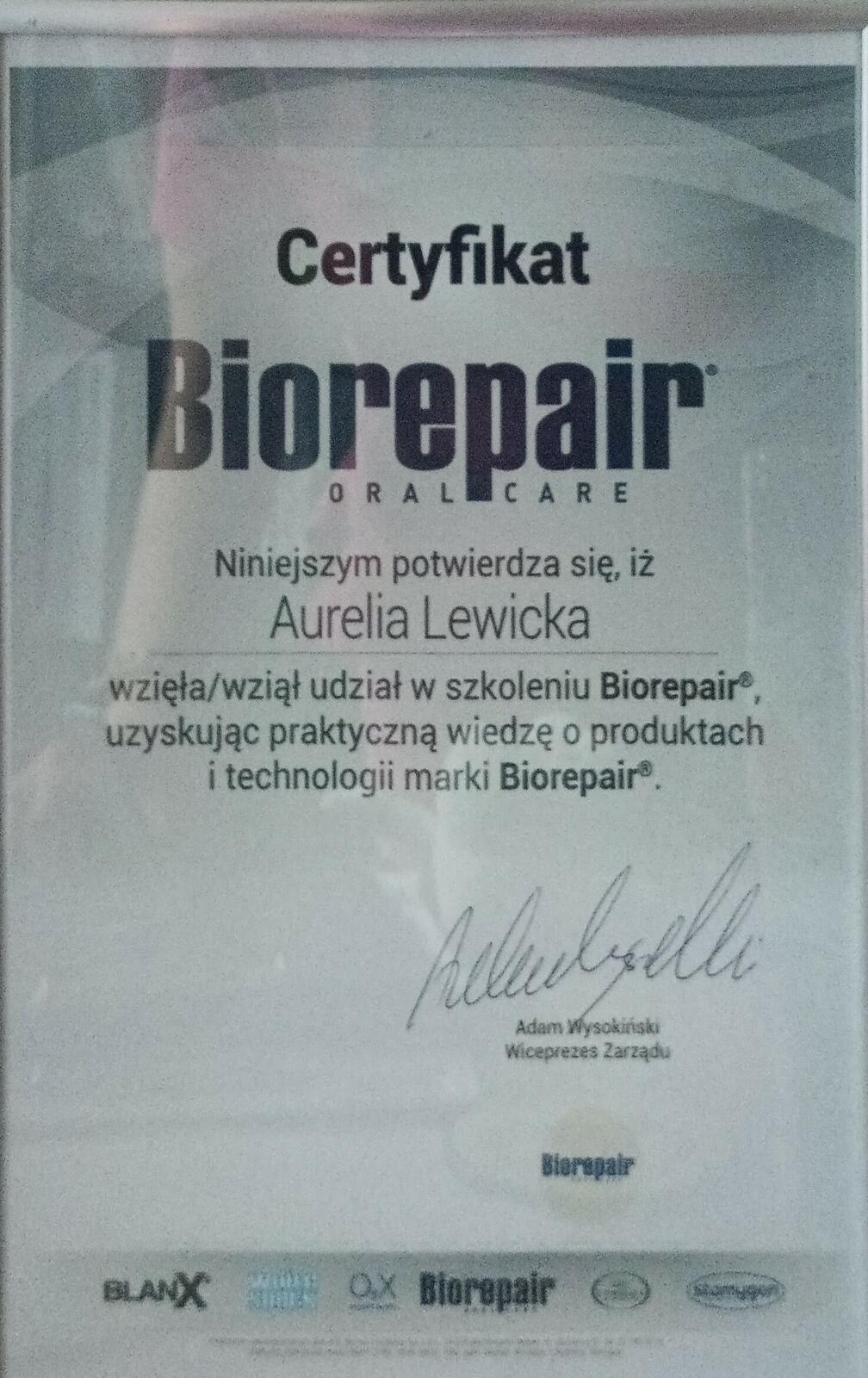 Certyfikat szkolenia BioRepair wspierającego higienizacja Elbląg