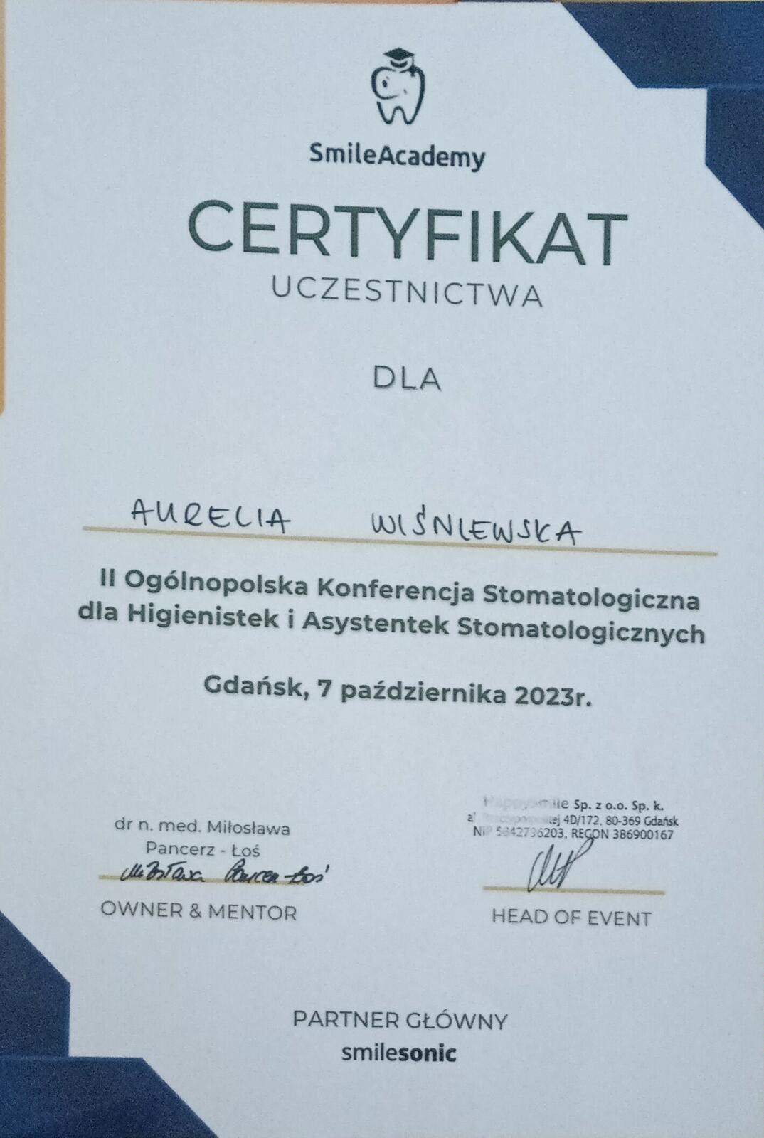 Certyfikat Smile Academy dla zespołu higienizacja Elbląg